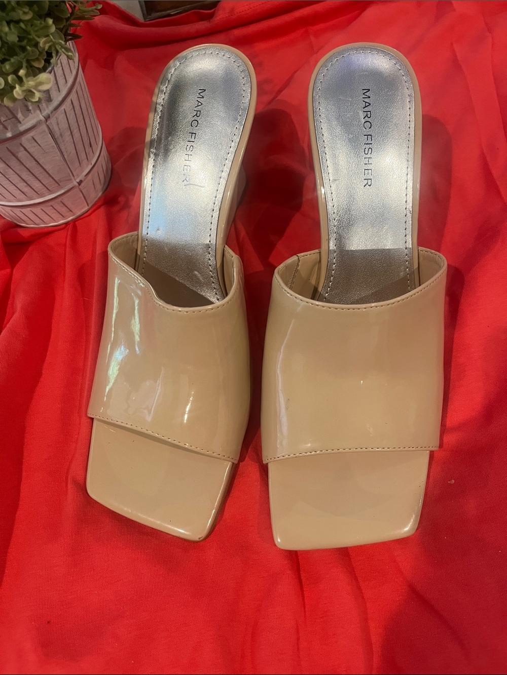 Marc Fisher Beige Patent Leather Square-Toe Slide Mules